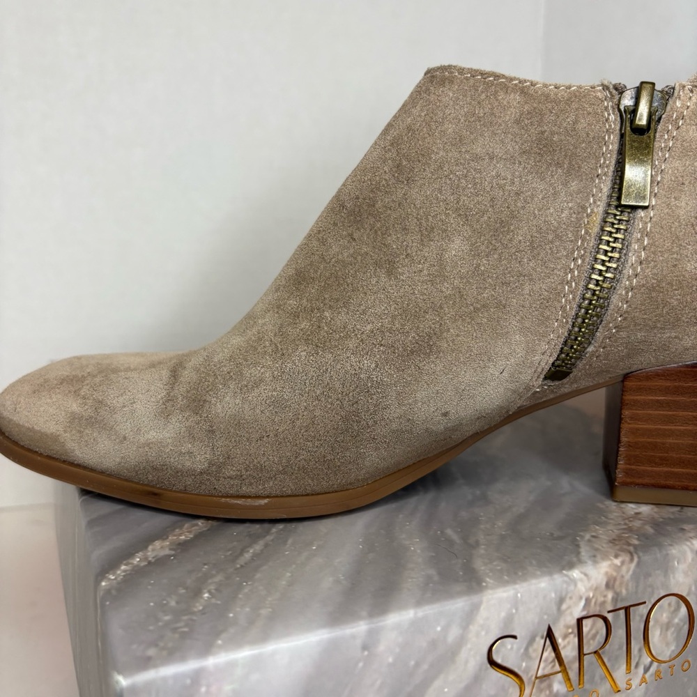 SARTO Taupe Suede Ankle Booties with Side Zip - Picture 5 of 6